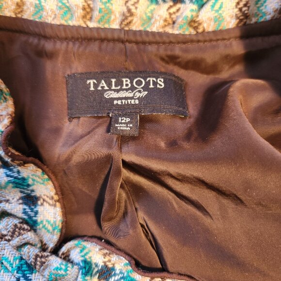 Talbots Brown/Teal Tweed Plaid Ruffled Blazer Elbow Patches Wool Blend Size 12P - Picture 2 of 12